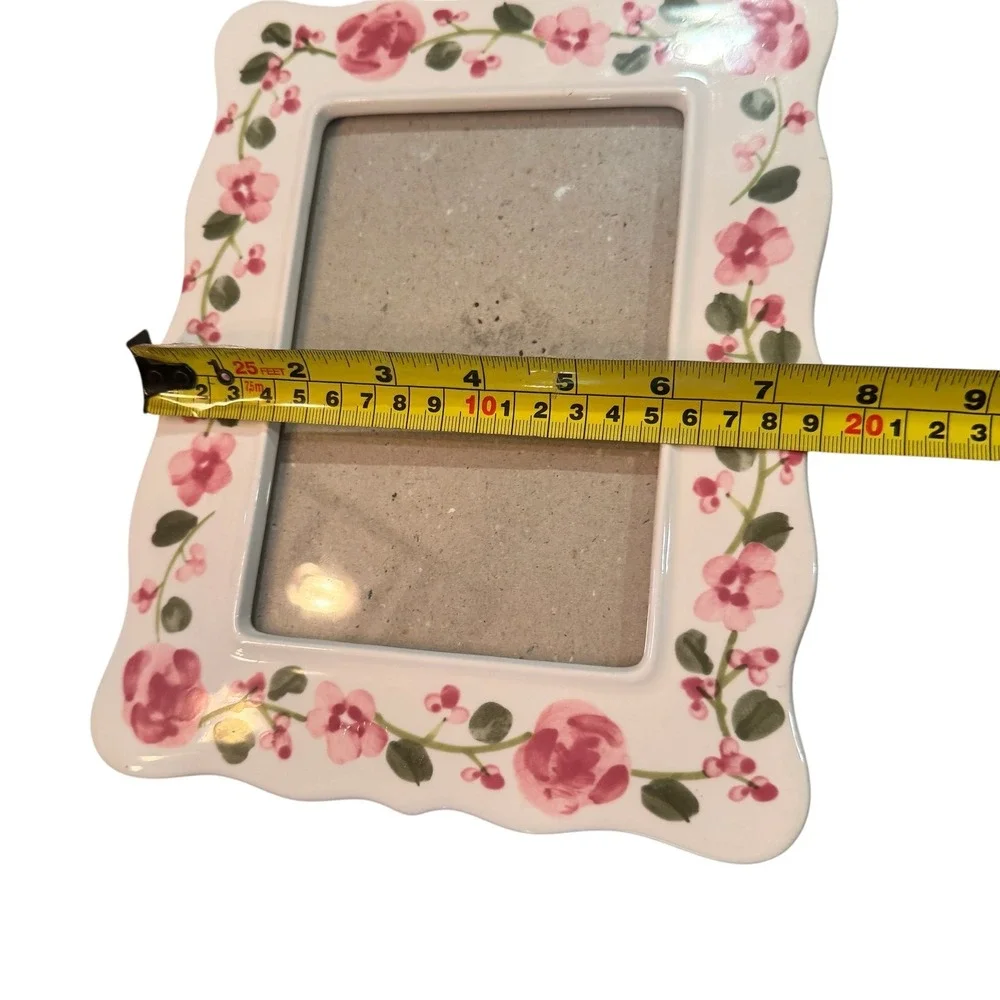 Vintage Ceramic Floral Picture Frame Pink Roses Scalloped Edge 5x7 Photo 1990s